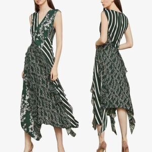 BCBGMAXAZRIA Mixed Print Asymmetrical Midi Dress Floral Striped Ruffle Size S